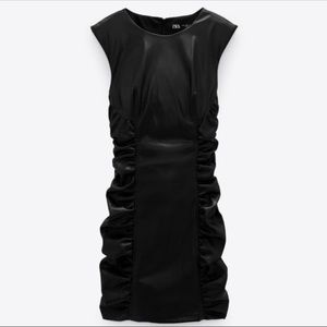 NWT ZARA | Ruched Faux Leather Black Dress